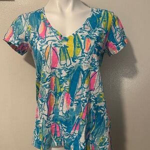 Lilly Pulitzer Blue and Pink Abstract Short Sleeve Top